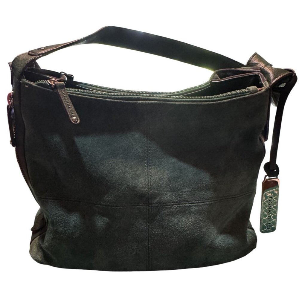 Tignanello Green Suede Genuine Leather Shoulder Bag With Zipper Closure & Patter